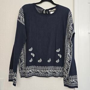 NWT Jacqueline B Cotton Sweater L Navy Blue Paisley Printed Tie Neck Long Sleeve